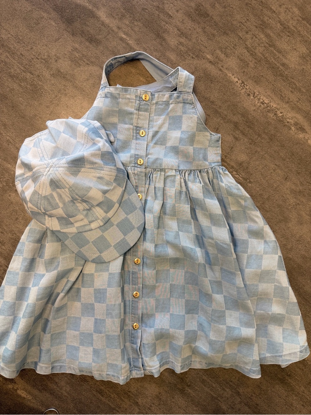 Jason Wu Girls Light Blue Check Button Sundress with Matching Hat